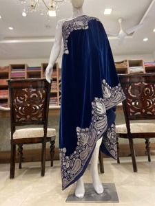 Luxury Royal Blue Solid Velvet <b>Shawl</b> with Embroidery and Golden Lining for <b>Women</b> Winter Wedding Festive Wear Made of Polyester - Product Image 3