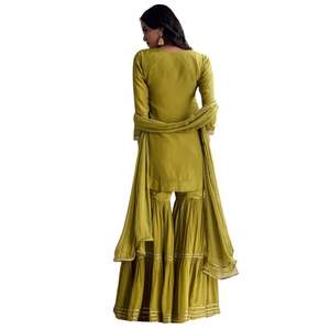 Green Zardosi and Sequins Embroidered Sharara Suit with Dupatta for Women Indian Wedding Party and Festival <b>Outfit</b> - Product Image 5