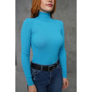 Suéter de Punto Acanalado con Cuello Alto Turquesa para Mujer, Marca Lustrin, con Detalles, Talla Estándar, Mezcla de Poliéster y Elastano - Product Image 4