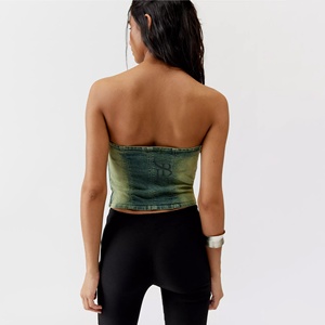 เสื้อครอปสตรีสไตล์ลำลองผ้ายีนส์ประดับลูกปัดผ้ายืดสำหรับฤดูร้อน1ชิ้น - Product Image 4