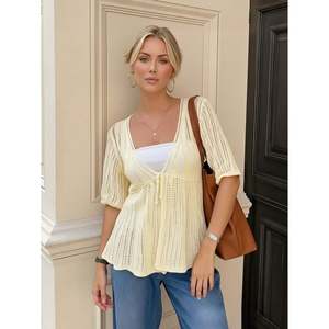 Women's Casual Open-Knit <b>Short</b> <b>Sleeve</b> <b>Cardigan</b> with Embroidered Print - Product Image 4