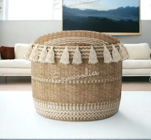 Offre Spéciale écologique tissé à la main rond en jute naturel Boho maison pouf tabouret pouf Console incrustée d'os - Product Image 1