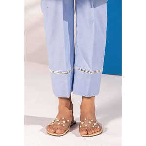 Pantalon décontracté pour femme en tissu Oxford bleu, respirant, teint en fil, coupe évasée, taille élastique, jambe large, taille mi-haute, coupe ample, avec revers - Product Image 1