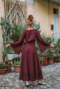 Tibétain bordeaux bohème jupe longue bloc imprimé jupe évasée imprimé à la main enveloppement de chanvre sur jupe taille libre colorant végétal - Product Image 3