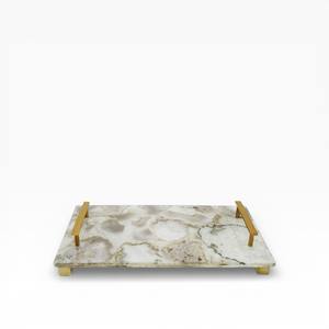 Plateau de service rond en agate naturelle bleue avec cadre en métal doré et poignée surélevée pour un style de bar et de table moderne et luxueux - Product Image 6