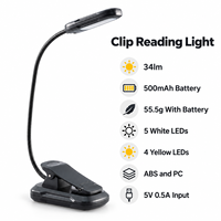 Lampe de lecture LED rechargeable par USB avec batterie 500 mAh, 3 couleurs de lumière, 5 niveaux de luminosité et col de cygne flexible