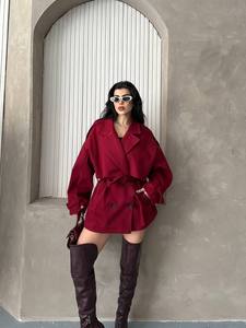 Manteau trench en tissu brossé rouge avec ceinture, double boutonnage, col chemise, manches longues, automne, décontracté, réversible, coupe-vent - Product Image 3