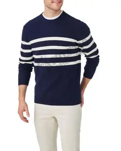 네이비 흰색 색상의 스트라이프 크루 넥 스웨터 하이 퀄리티 긴 소매 슬림 피트니스 스포츠 캐주얼 통기성 스웨터