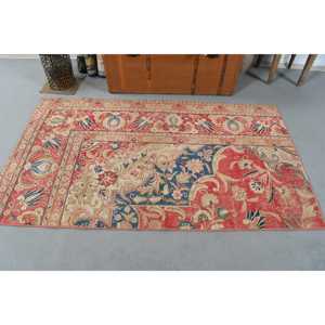 Vintage Rug, Accent 3.3x6 ft Turkish Rug, <b>Red</b> Southwestern <b>Wool</b> Rug - Product Image 3