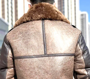 Veste d'hiver en peau de mouton pour hommes véritable fourrure pilote courte couleurs mélangées chaud épaissir laine fermeture éclair toile matériel peau de mouton - Product Image 6