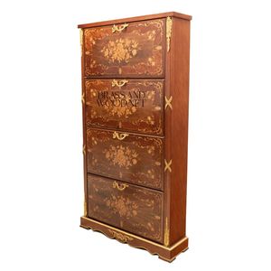 Meuble à chaussures de luxe de style français à 4 niveaux avec marqueterie florale complexe, en bois d'acajou de qualité supérieure et ornements en laiton doré - Product Image 4