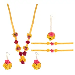 印度制造商Haldi手工花卉珠宝长项链套装耳环手链套装和女性扶手珠宝