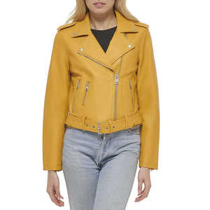 แจ็คเก็ตหนังแท้สีเหลืองพรีเมียมสำหรับผู้หญิง รุ่น OEM แฟชั่นปี 2026 แจ็คเก็ตหนังสำหรับขี่มอเตอร์ไซค์ คุณภาพพรีเมียมสูงสุด แจ็คเก็ตหนังสำหรับผู้หญิง - Product Image 1