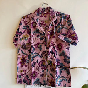 Femmes 100% coton col en v pyjama ensemble Sexy imprimé fleuri respirant main bloc imprimé vêtements de nuit Shorts grande taille doux grande taille - Product Image 1