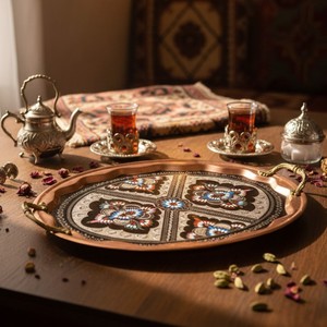 Oval <b>Cup</b> <b>Set</b> 6-Piece Copper Enamel Erzincan Oriental Design Style - Product Image 3
