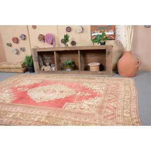 พรมตุรกีโบราณขนสัตว์สีเบจสีแดง9.1ft x 5.8สำหรับห้องโถงห้องนอนสี่เหลี่ยมผืนผ้าห้องยาง - Product Image 2