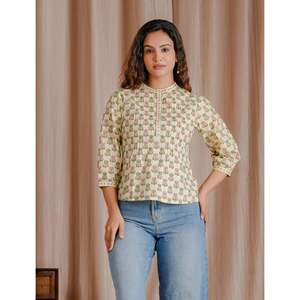 Pintux Style Cream Butti Cotton Short Top Printed Technics - Product Image 1