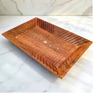 Plateau rectangulaire en bois de manguier avec motif sculpté, boîte de rangement minimaliste pour cuisine, compartiment unique, passe au lave-vaisselle, vaisselle - Product Image 4