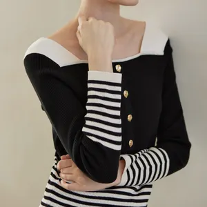 [NITID BY] Women Clothing Bella Striped SqureNeck Knit top Wine and Black 2 color Popular Item