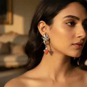 Women's Trendy <b>Silver</b> <b>Drop</b> <b>Earrings</b> with Red Stone Copper and Stainless Steel Pendant Cross-Shaped Great Gift for Women - Product Image 3