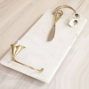 Plateau décoratif royal élégant en marbre avec poignées métalliques, motif végétal, plusieurs couleurs, forme rectangulaire, pour usage domestique - Product Image 1