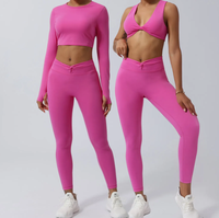 Set Olahraga Wanita 2 Potong Pakaian Yoga Gym Solid Seamless Celana Pinggang Elastis Sport Bra Bernapas Cepat Kering Spandex/Polyester