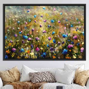 Tableau imprimé sur toile : Décoration murale florale moderne avec motif champ de fleurs sauvages, TOILE ENCADRÉE NOIRE - Product Image 1
