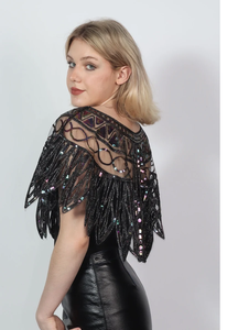 Élégante robe de soirée en organza antistatique avec cape perlée magnifiquement brodée et perles décoration en cristal design imprimé - Product Image 4