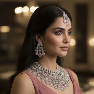 Wholesale Elegant Royal Party Wear Necklace and Earrings <b>Set</b> with Sparkling Stones for Women Wedding Function and Reception Use - Product Image 1