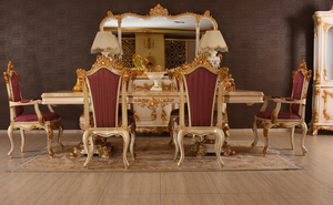 Ensemble de table à manger en bois massif moderne de luxe, convertible, en teck sculpté, finition italienne en PU, rouge or, rembourré, entrée, hôtel - Product Image 3