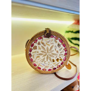 Vintage Mother of Pearl Inlay Round Drum Rattan <b>Bag</b> Handmade Floral Boho Purse for Summer Beach Travel & Premium Gifts - Product Image 6