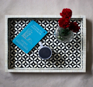 Modern Black and White Rectangular Serving Tray with Geometric Inlay Design Bone Inlay Tray India - Product Image 3