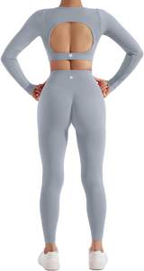 Conjunto de yoga hecho a medida para mujer Top de manga larga y mallas Mangas completas Gimnasio Ropa activa Patrón sólido Skinny Fit - Product Image 6