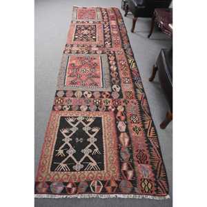 Vintage Rug, 3.2x11.9 ft <b>Runner</b> Turkish Rug, Kilim <b>Red</b> Black Ombr Rug - Product Image 1