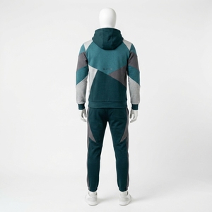 <b>Men</b> Teal Gray Color Block Hoodie Tracksuit Set <b>Pullover</b> Sweatshirt Jogger Pants Premium Sportswear Gym Training Running Fitness - Product Image 2