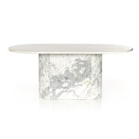 Table de salle à manger ovale en marbre blanc de style italien avec base festonnée en marbre blanc à texture lourde pour intérieur et extérieur