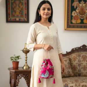 Bolso de Mano de Lujo Estilo Clutch, Color Fucsia Peacock Banarasi, con Forro de Satén, Decoración de Perlas, para Bodas y Eventos - Product Image 6