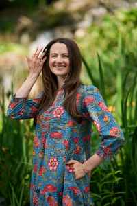 Robe de jardin japonaise bohème, nouvelle, imprimée à la main, en coton pur, à fleurs, bleu et rouge, décontractée - Product Image 4