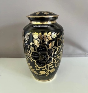 Golden Floral Engraved Cremation Urns For Funeral Burial Black Handmade Brass Decorative <b>Keepsake</b> <b>Memorial</b> Jar Pot Ashes Holder - Product Image 2