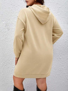 Robe sweat à capuche mi-cuisse zippée avec cordon de serrage, poche kangourou, couleur unie, style streetwear, épaules tombantes, pour l'hiver - Product Image 2