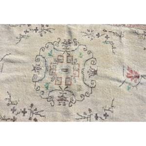 พรมขนสัตว์ตุรกีสีเบจ3.6ft วินเทจ6.7ft สี่เหลี่ยมผืนผ้าพื้นที่ขนาดใหญ่ที่มีลวดลายนามธรรมสำหรับห้องนอนห้องโถงพื้นหลังทำจากน้ำยาง - Product Image 5