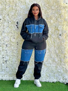 Sweat à capuche en satin brodé 100% coton à la mode pour femmes avec haut patchwork de couleur unie Logo avant écologique - Product Image 4