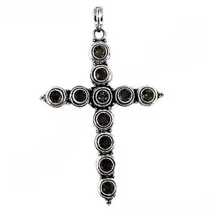 925 <b>Sterling</b> <b>Silver</b> <b>Cross</b> Pendant with Smokey Quartz Women's Religious Jewelry Rhodium Plated Charm Featuring Pearl Material - Product Image 3