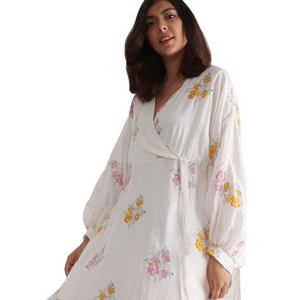 Automne Feuille Imprimer Manches Longues Longueur Genou Col V Boho Robe Courte Faite À La Main - Product Image 1