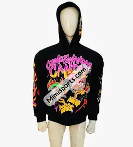 Sudaderas con capucha de tendencia para hombre negro con puntos de cepillo rosa y verde impreso Borde de dobladillo crudo corte inferior gran desgastado lavado con ácido