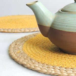 Jute Dinning <b>Table</b> <b>Mat</b> With Yellow Colored Use As Center <b>Table</b> Decor Placemat House Warming Gift for New Home - Product Image 1