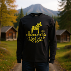 Camiseta Tradicional Sueca Dala Horse de Manga Larga, Diseño Amarillo, Unisex para Adultos, Cuello Redondo, Impresión Serigráfica, Promocional - Product Image 3