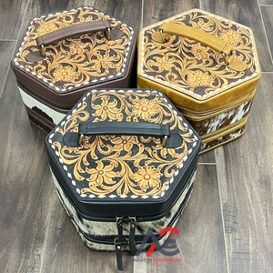 Caja organizadora de almacenamiento de joyería con cremallera de cuero de vaca a mano de lujo, pulsera, reloj, collares, caja de viaje de joyería Hexagonal - Product Image 1