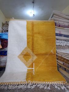 Tapis Beni Ourian, tapis géométrique en laine et acrylique, rectangulaire, réversible, en peluche, fait main, décoration de salon, jaune et blanc, avec franges - Product Image 3