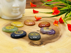 7 Chakra Oval Palm Stone <b>Set</b> Engraved Chakra Symbols Polished Smooth AAA Premium Quality Handmade Feng Shui Healing <b>Crystals</b> - Product Image 3